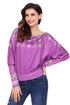 Sexy Purple Printed Batwing Sleeve Skew Neck Blouse